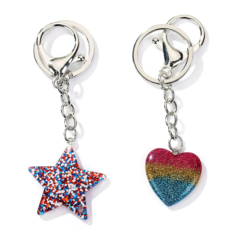 

1PC Resin Rainbow Heart Star Keychain Flatback Pendant Charms Glitter Keyring for Woman Jewelry
