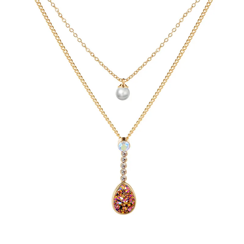 Doreen Box New Gold Pearl Geometric Water Drop-Shaped Rhinestone Pendant Multilayer Necklace For Elegant Women Fashion Jewelry | Украшения