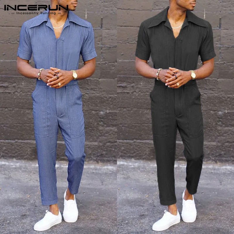 INCERUN, стильный мужской комбинезон, Одноцветный комбинезон для бега, мешковатые штаны с коротким рукавом, повседневные мужские комбинезоны карго, уличная одежда, S-5XL