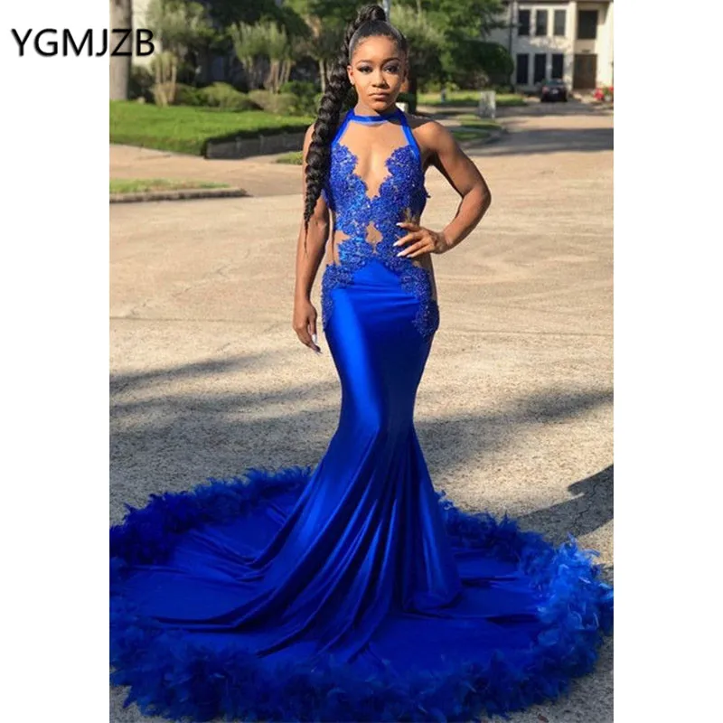 Long Sexy Prom Dress Plus Size African Black Girls Mermaid Feather Lace Beads Blue Graduation Dress Formal Party Gown Gala Dress