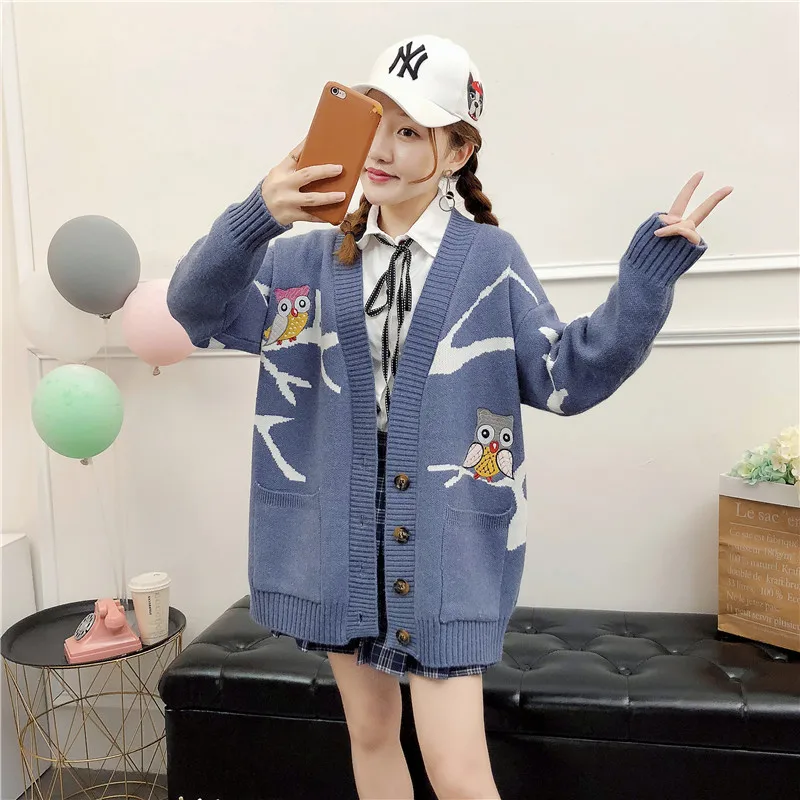 JH1807 Blue HSA, зимний женский свитер, кардиганы,, вязаное пальто, мультяшная вышивка, джемперы, зимнее пончо, милая куртка, женские длинные кардиганы - Цвет: JH1807 Blue