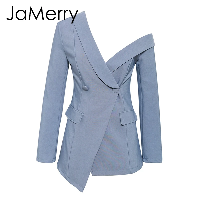 Blue Gray JaMerry, винтажный, асимметричный, рукав, блейзер с v-образным вырезом, Одноцветный, тонкая талия, поддельный карман, пиджак, Женский блейзер, для офиса, для девушек, блейзер, пальто - Цвет: Blue Gray