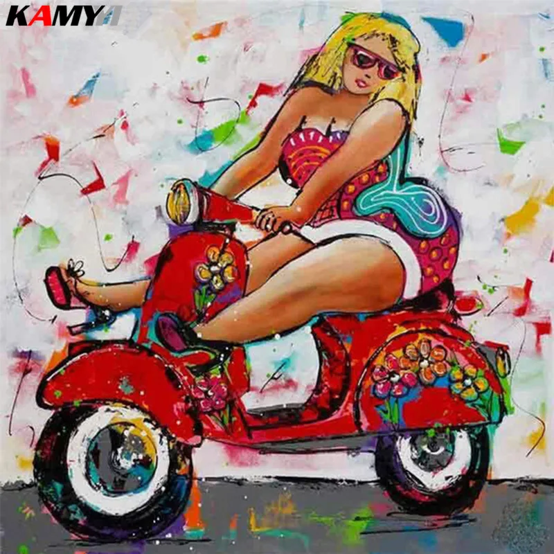 Картина с бриллиантами 5D DIY полный квадратный сверловка. Красочный портрет «Толстая женщина на машине». Крестиком мозаика с камнями-стразами для дома XY1.