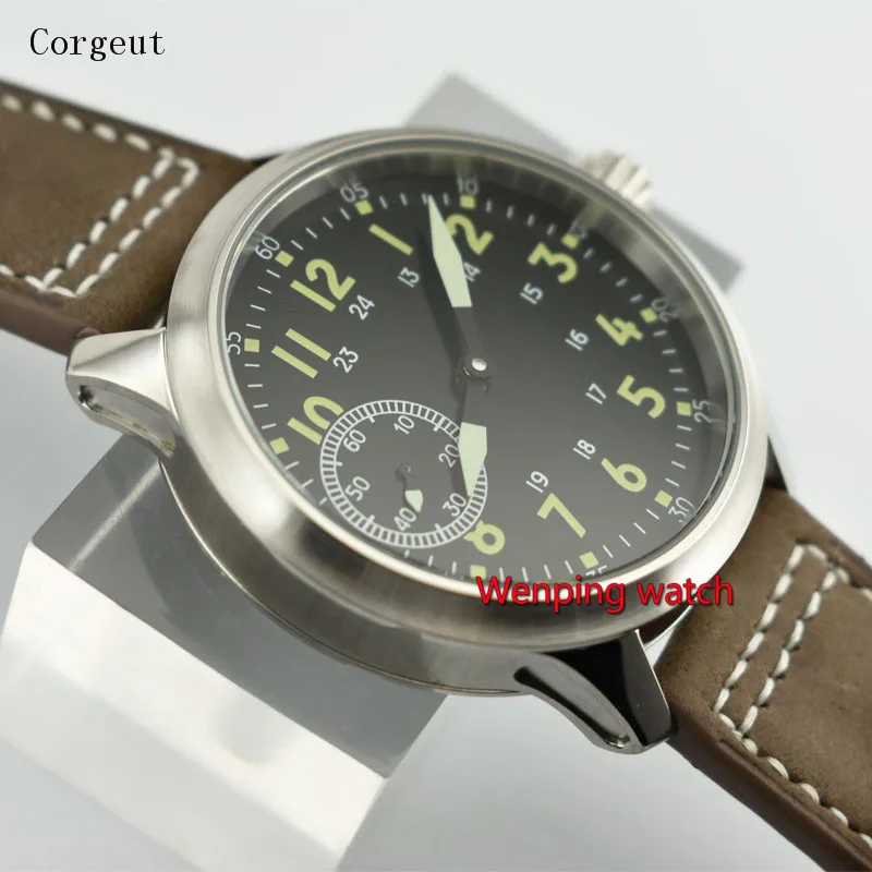 45 мм Corgeut стерильные Montre homme Sea gull 6497 Мужские часы с коричневым кожаным ремешком W2537