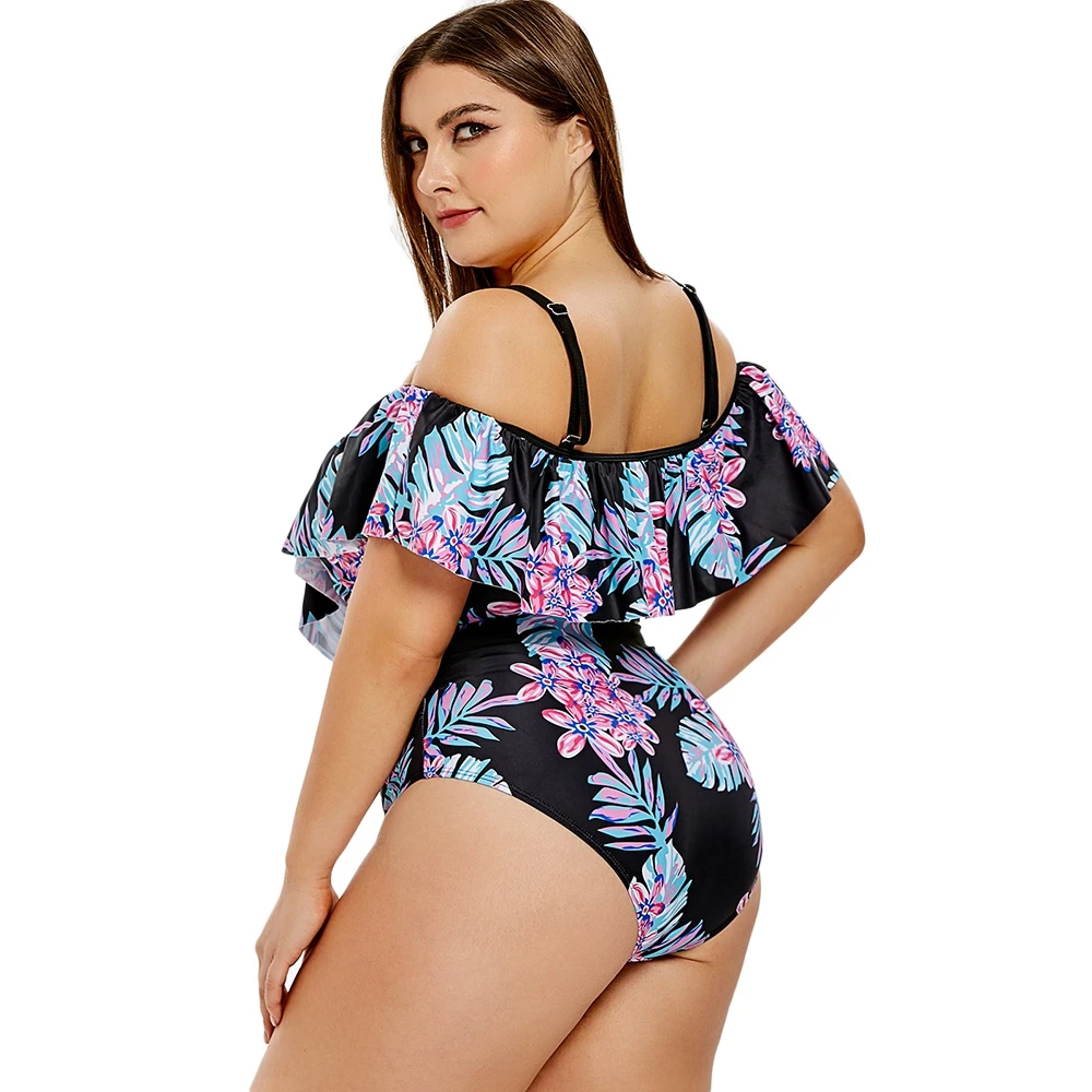 Плюс размер цветок лист цельный открытый плечо женские наборы Высокая талия