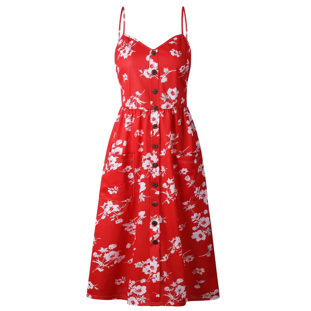 Женское платье с открытой спинкой boho красное на бретельках для вечеринок пляжный