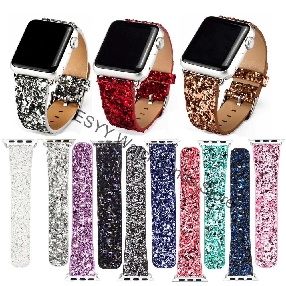 Новинка 2018 г. роскошный браслет из искусственной кожи с блестками для iwatch ремешок