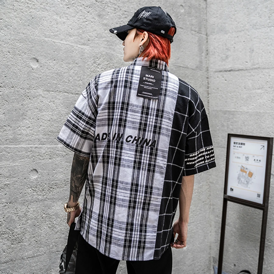 Свободная клетчатая рубашка для женщин короткий рукав лоскутное Harajuku кимоно