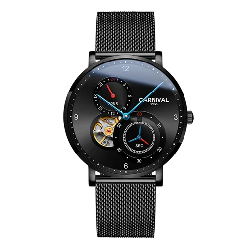 Full black C8026 Карнавал ультратонкие tourbillon для мужчин часы лучший бренд эксклюзивные механические часы Полный сталь relogio Мужской коль saati - Цвет: Full black C8026