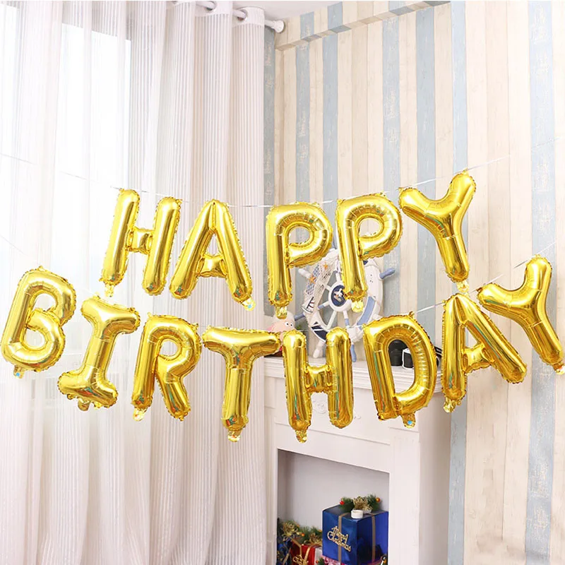 Воздушные шары в виде букв Happy Birthday золотистые серебристые розовые синие