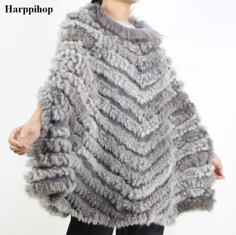 natural grey Женский роскошный вязаный пуловер из натурального кроличьего меха, пончо из меха енота, накидка, вязаные изделия из натурального меха, накидка, плащ треугольной формы, хит - Цвет: natural grey