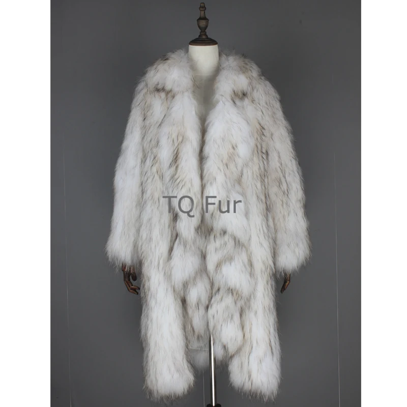 

Winter Women Overcoat Knit Raccoon Fur X-Long Coat With Falbala Collar Full Sleeves Outerwear Natural