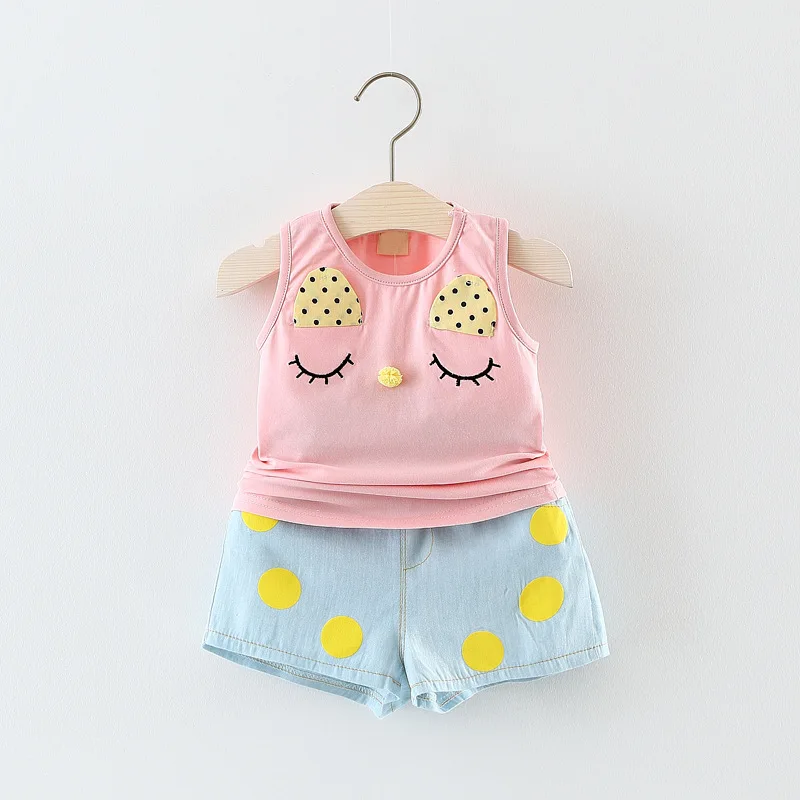 Лето детские Наборы Девушки Рукавов Точка Мультфильмы Pattern футболки + Dot Шорты