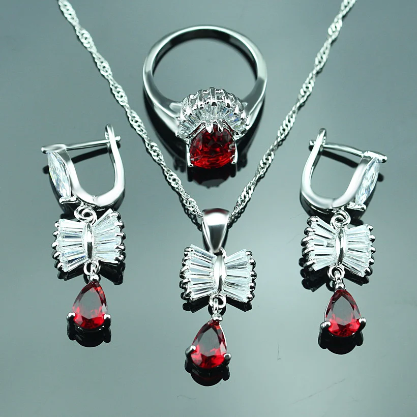 Свадебные ювелирные наборы из стерлингового серебра для женщин красный кристалл