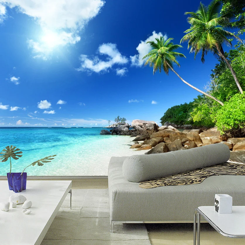 

Custom Wall Mural 3D Photo Wallpaper Roll Blue Sky White Clouds Beach Scenery Living Room Sofa TV Background Wallpaper Glitter