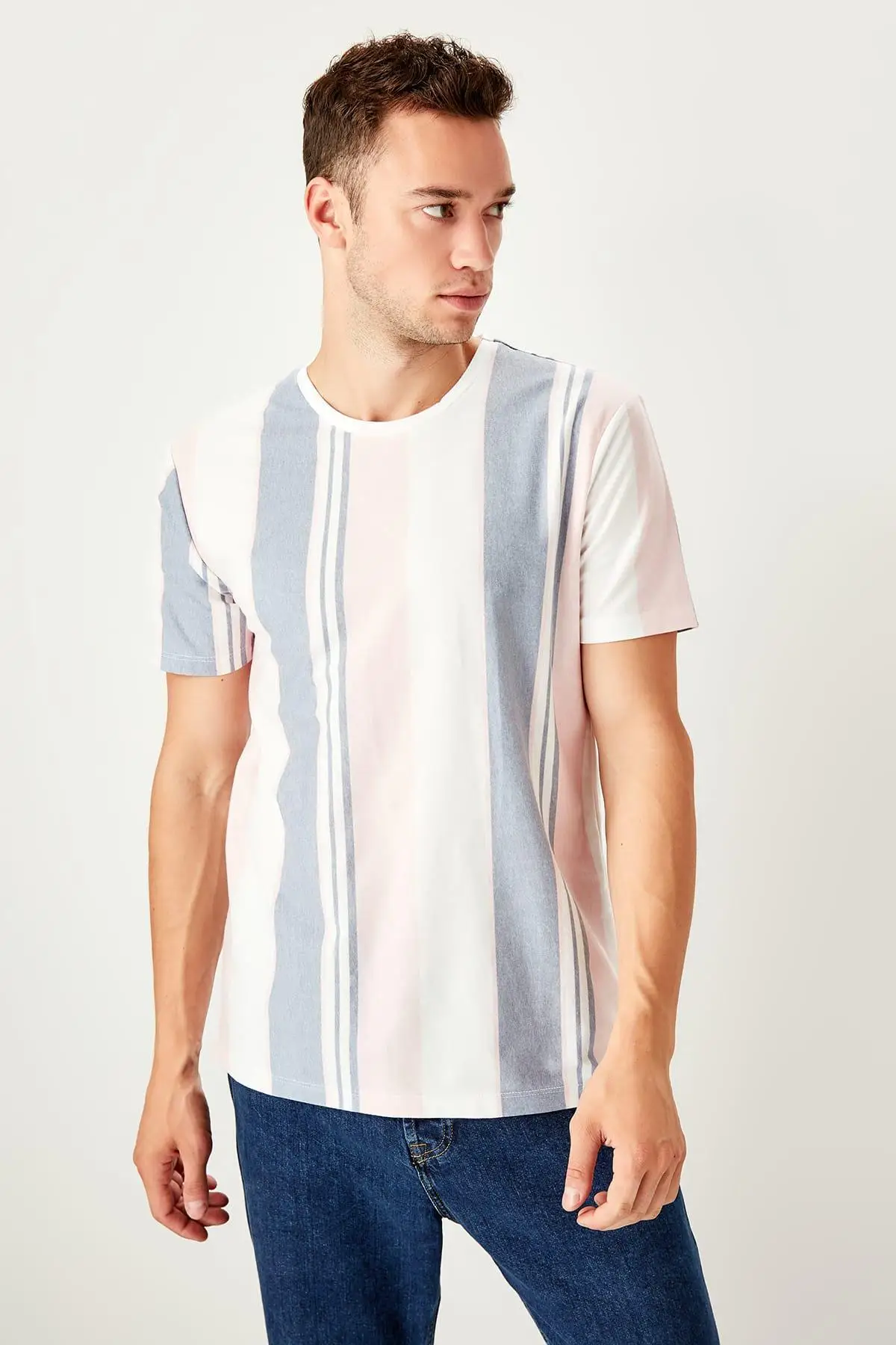 Trendyol белая мужская полосатая новая футболка TMNSS19TS0447|Мужские футболки| |