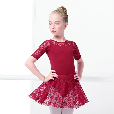 burgundy half sleeve Детское кружевное балетное платье для девочек, черное гимнастическое трико, хлопковое балетное трико, танцевальная одежда для детей - Цвет: burgundy half sleeve