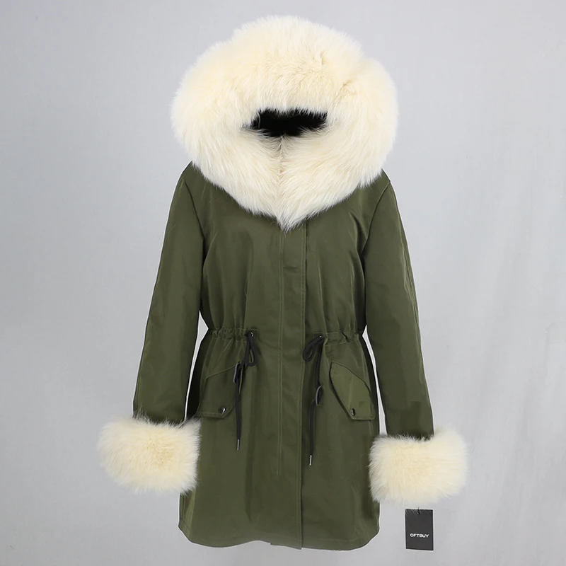 green beige Водонепроницаемая Женская парка, зимняя куртка, женская шуба из натурального меха енота, Воротник из меха лисы, капюшон, отстегивающиеся манжеты, уличная одежда, роскошная - Цвет: green beige