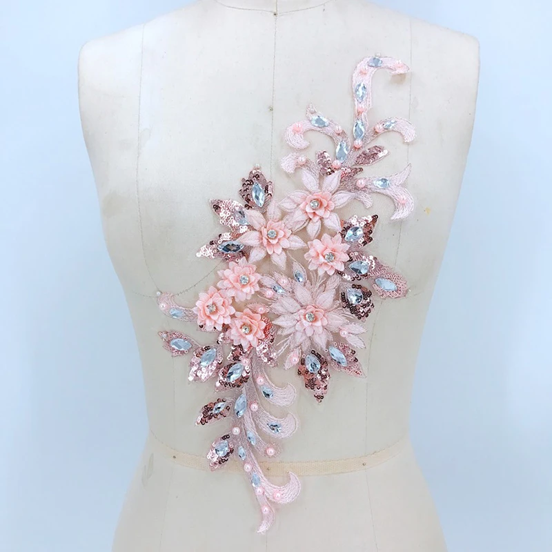 

1 Piece Pink Lace Applique Fake Pearl Beaded Lace Trim Mesh Fabric Paillette Lace Accessories Braid Sequins Patch Free Shipping