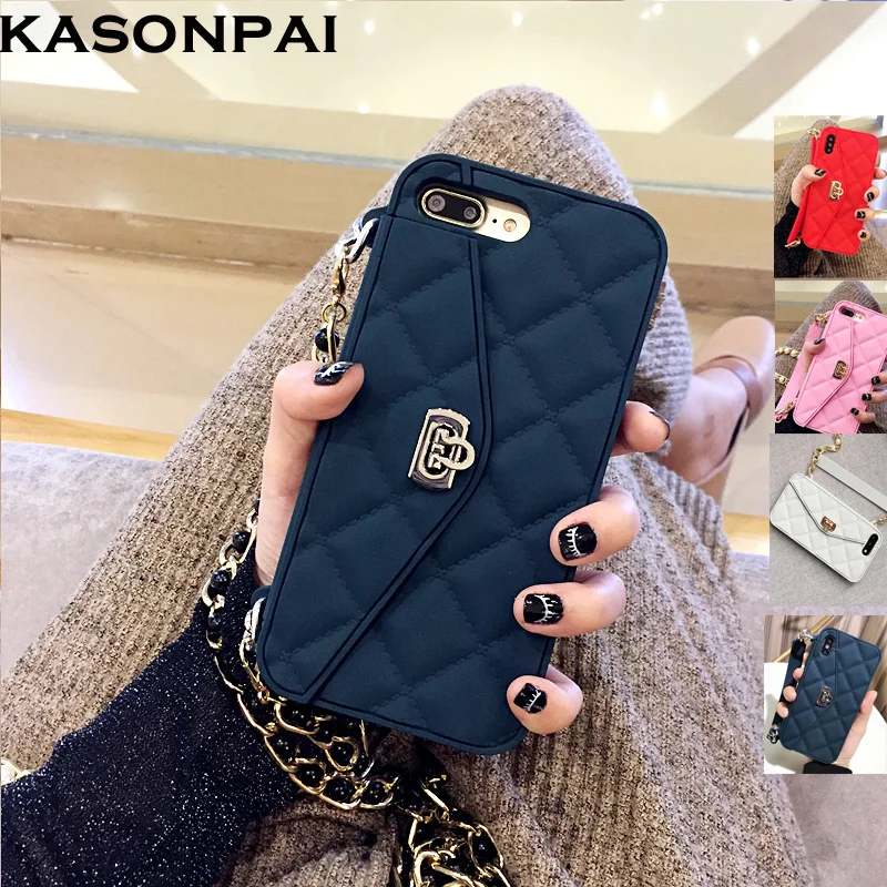 KASONPAI роскошный модный Мягкий силиконовый чехол-кошелек для iPhone X, 8, 7, 6 S, 6 Plus, слот для карт, сумочка, кошелек, чехол для телефона с длинной цепочкой
