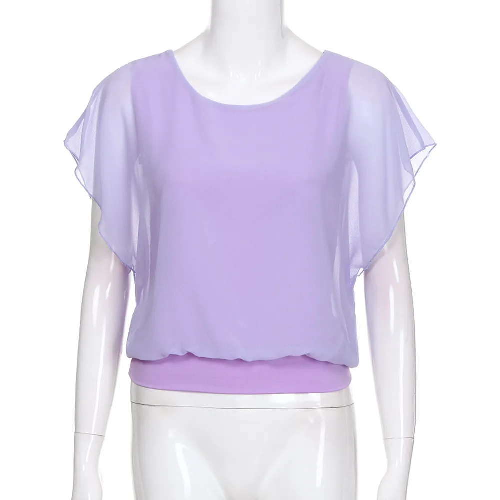Женская блузка больших размеров, Blusas elegantes de mujer, однотонные повседневные свободные Модные топы из тонкой плотной ткани с круглым вырезом и короткими рукавами «летучая мышь», L* 5