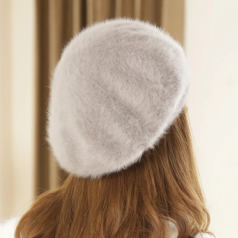 Осенне зимний модный женский берет шапка из смешанной шерсти кролика утепленный