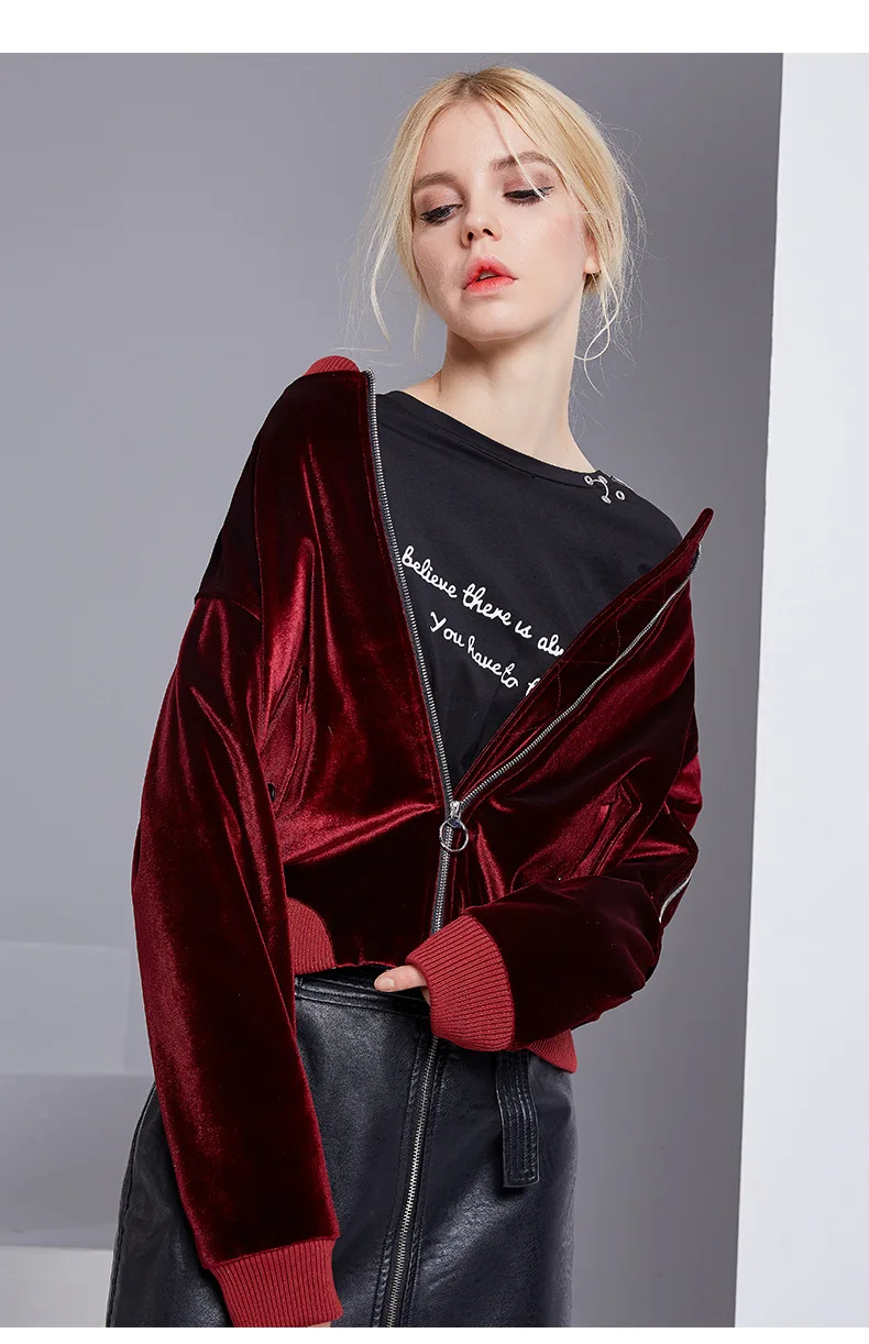 Bootyjeans осень новая европейская Высококачественная Женская бархатная Свободная Женская куртка на молнии Повседневная Женская бейсбольная форма темно-красный