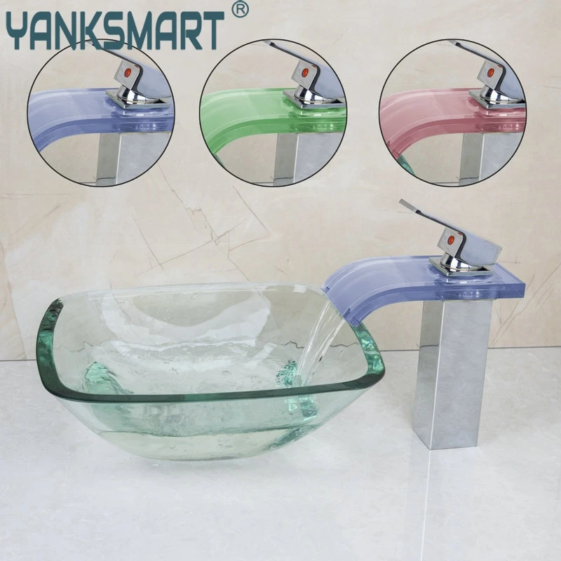 

LED Waterfall Bathroom Faucet With Frosted Tempered Glass Vessel Sink And Pop Up Drain Round Bathroom Sink Set DD45048220-3