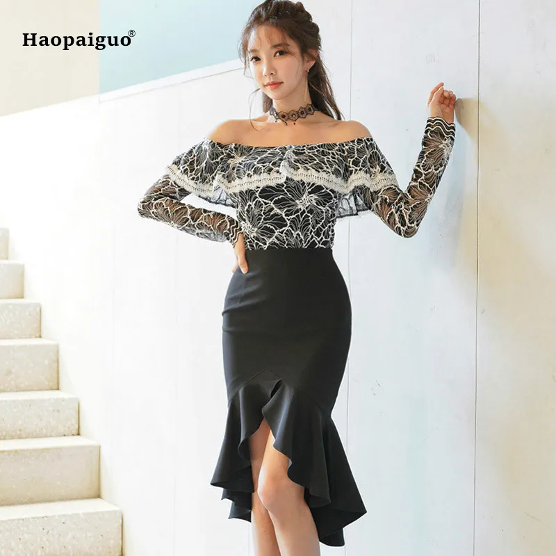 Женский комплект из 2 предметов винтажный черный топ с длинным рукавом и оборками