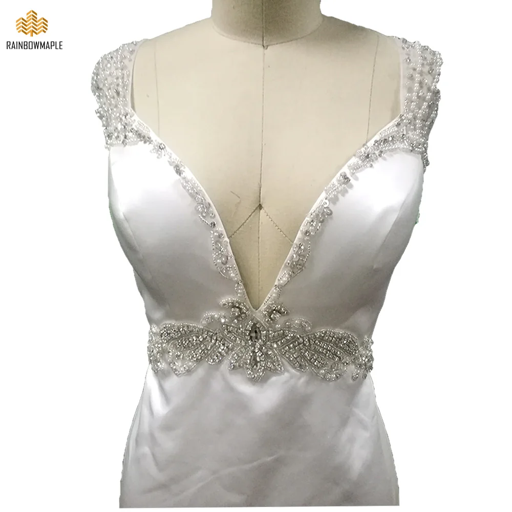Sexy V-Neck Sheer Back Beading Sash Floor Length Satin Mermaid Wedding Dresses Simple Sleeveless Bridal Gowns Cheap MW004 | Свадьбы и