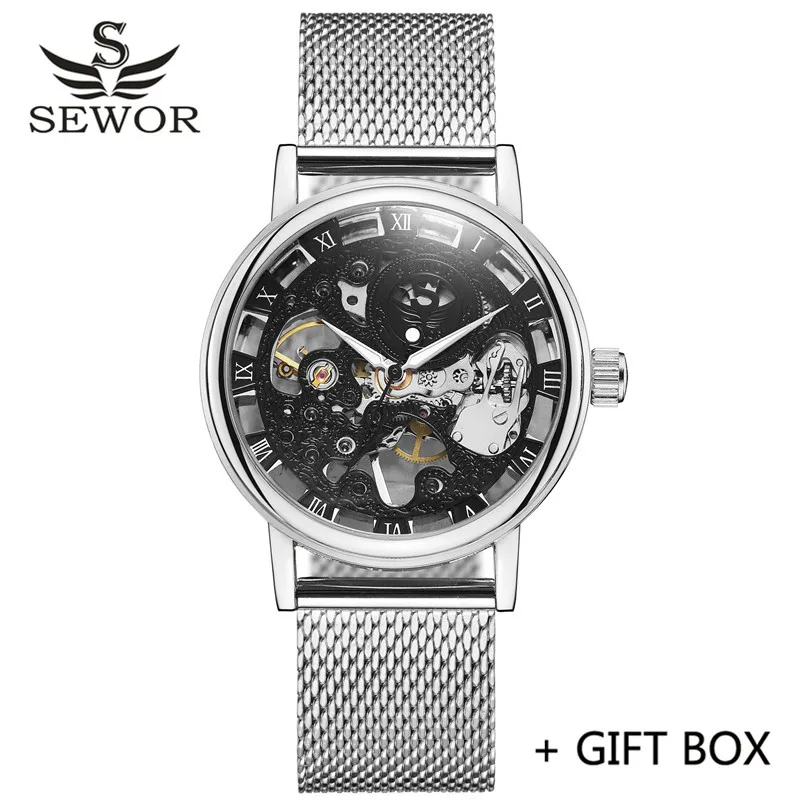 SE08605 with box SEWOR механические часы модные из нержавеющей стали с сетчатым ремешком Скелет Мужские часы лучший бренд класса люкс золотые спортивные мужские наручные часы подарок - Цвет: SE08605 with box