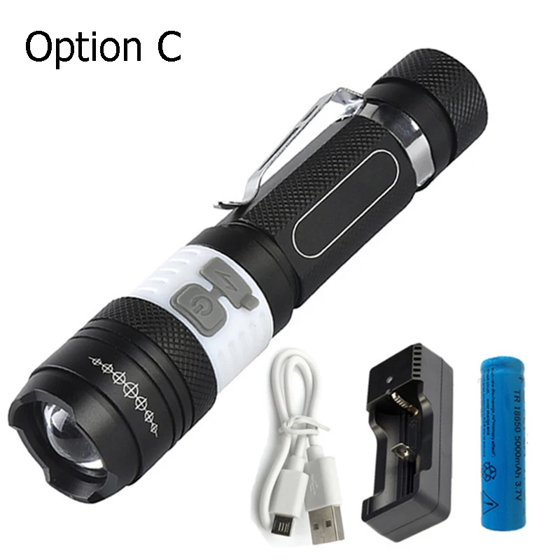 Option C Zk20 6000LM T6 Портативный COB светодиодный фонарик 6 Режим Фонарь Перезаряжаемые 18650 переносной светильник с батареей для кемпинга светодиодный налобный фонарь USB зарядное устройство - Испускаемый цвет: Option C