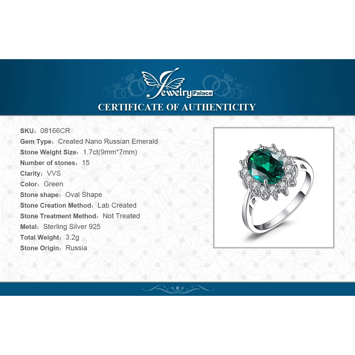 Женское кольцо с имитацией зеленого изумруда Jewelry Palace обручальное из серебра 925
