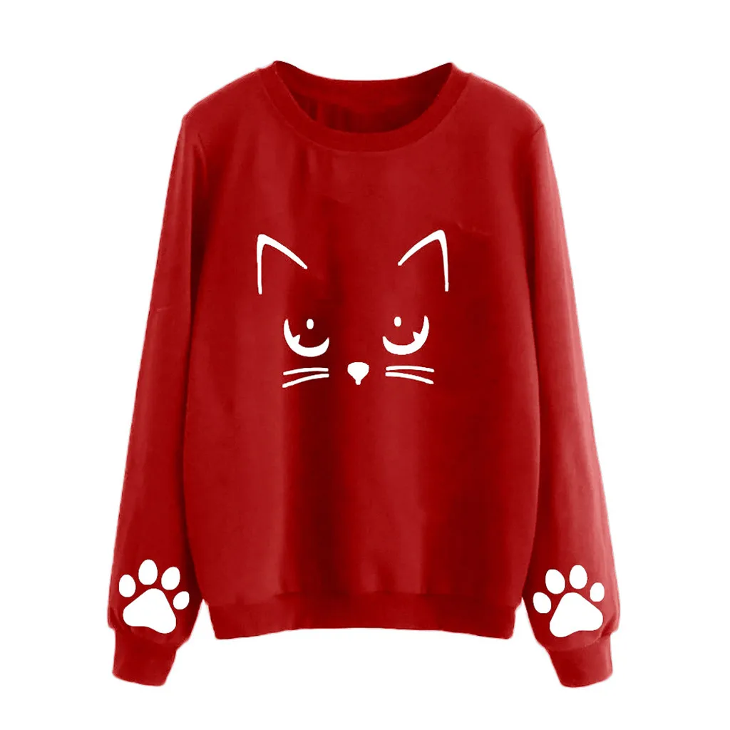 Autumn Winter Women Hoodies Cat Print O Neck Ladies Sweatshirt Casual Long Sleeve Regular Blouse Tops Loose Pullover