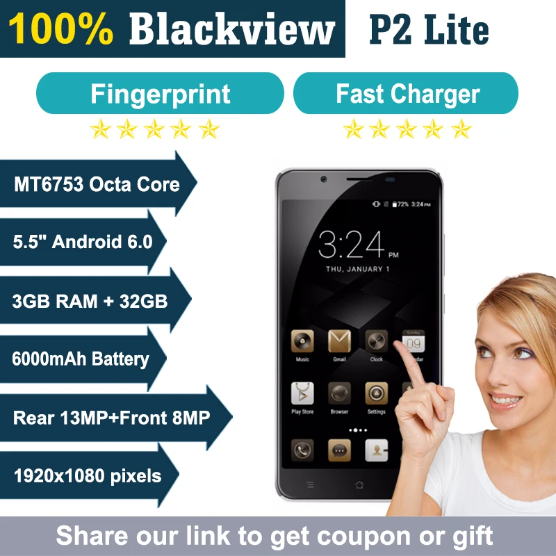 Оригинал Blackview P2 Lite мобильного телефона MTK6753 Octa core 3 ГБ Оперативная память 32