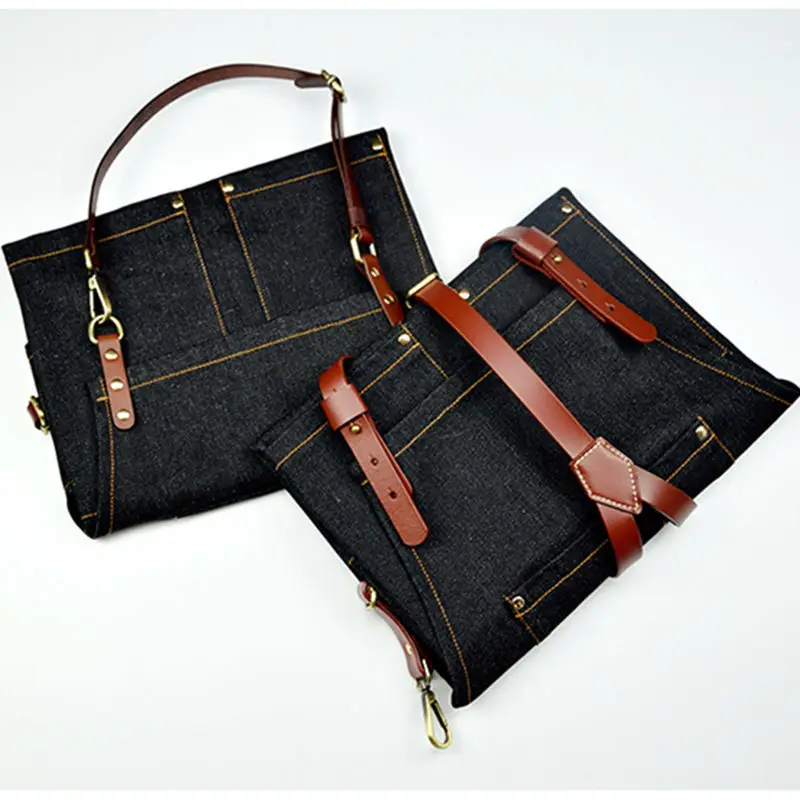 Черный джинсовый фартук из коровьей спилковой кожи на ремешке Парикмахерская