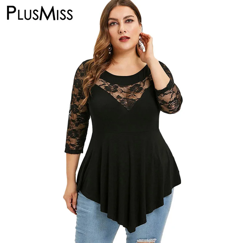 PlusMiss размера плюс 5XL сзади и цветочными кружевами сексуальная женская блузка