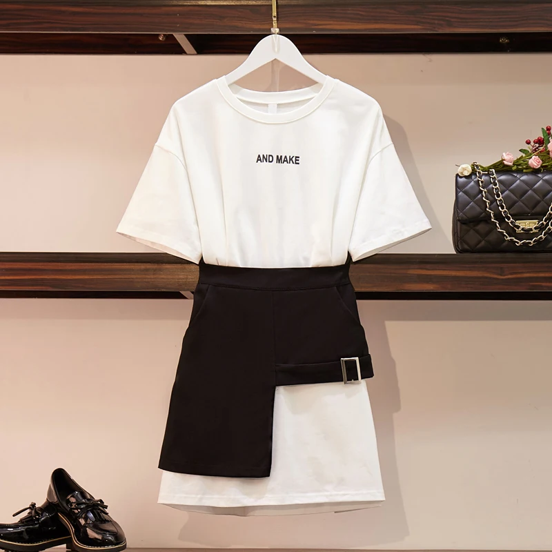 

Women Long T Shirts + Skirts Set Suits Casual 2022 Summer Cotton Letters Tshirt Dress Asymmetric Pocket Mini Skirt Sets Women