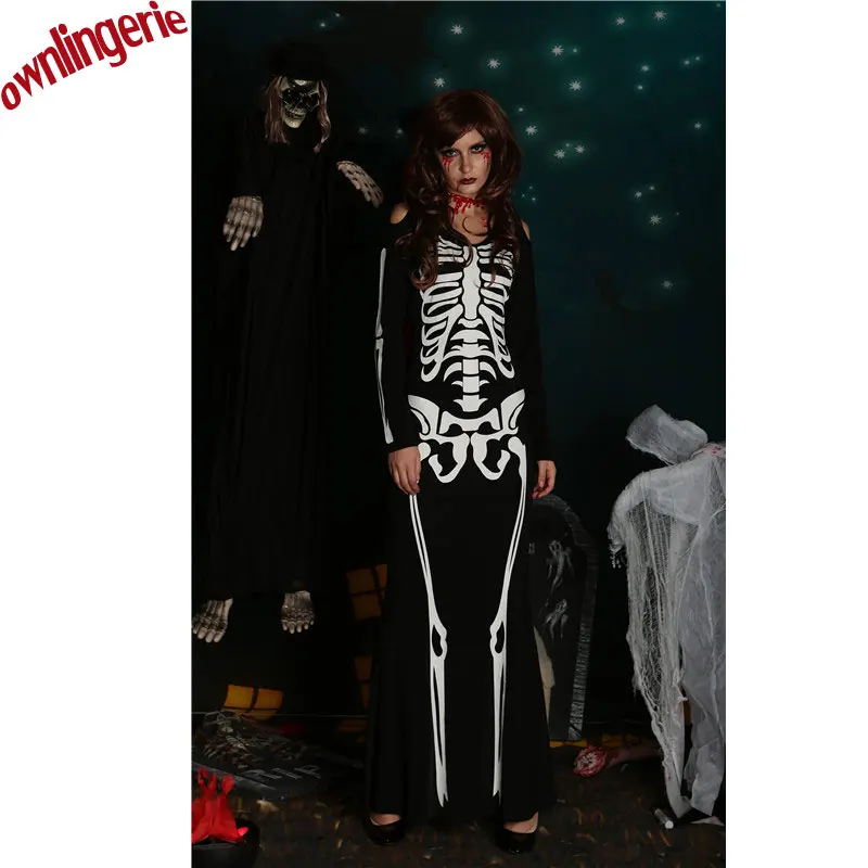 Соблазнительный костюм скелет длинное платье на Хэллоуин Униформа с принтом