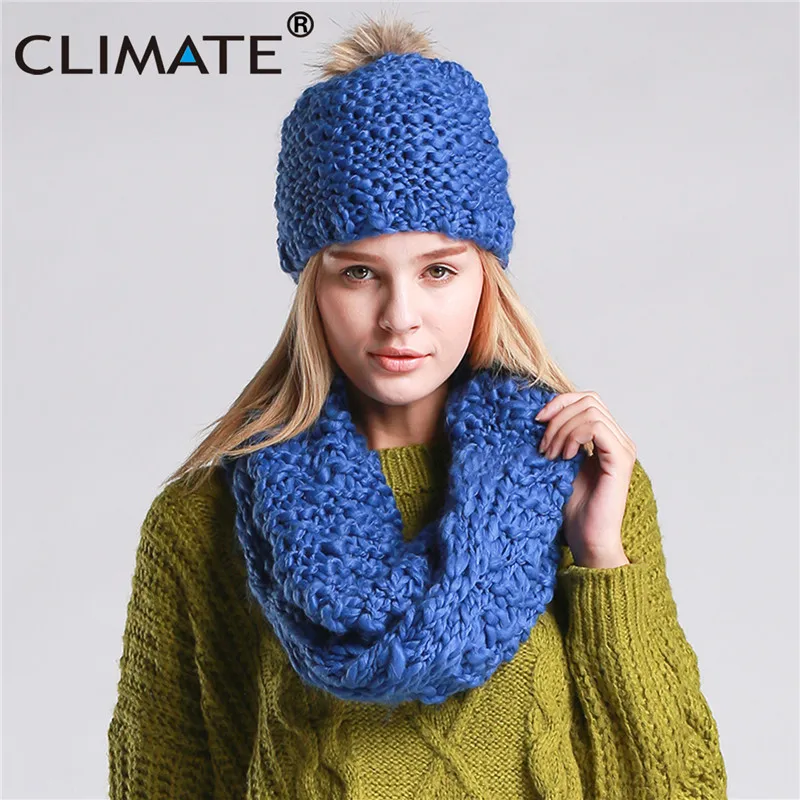 Sky Blue Теплый женский зимний комплект из шапки и шарфа с воротником и помпонами, модная теплая вязаная шапка и шарф, удобный женский шарф - Цвет: Sky Blue