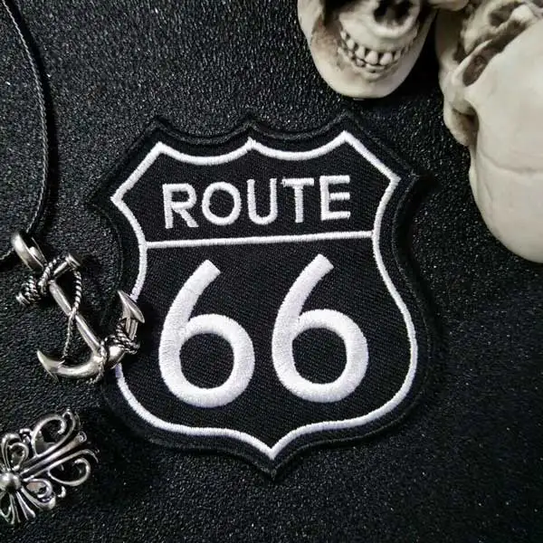 Route 66 утюг на патч вышитая аппликация Швейные Этикетка панк байкер патчи Одежда Наклейки Аксессуары для одежды знак - Цвет: white on black