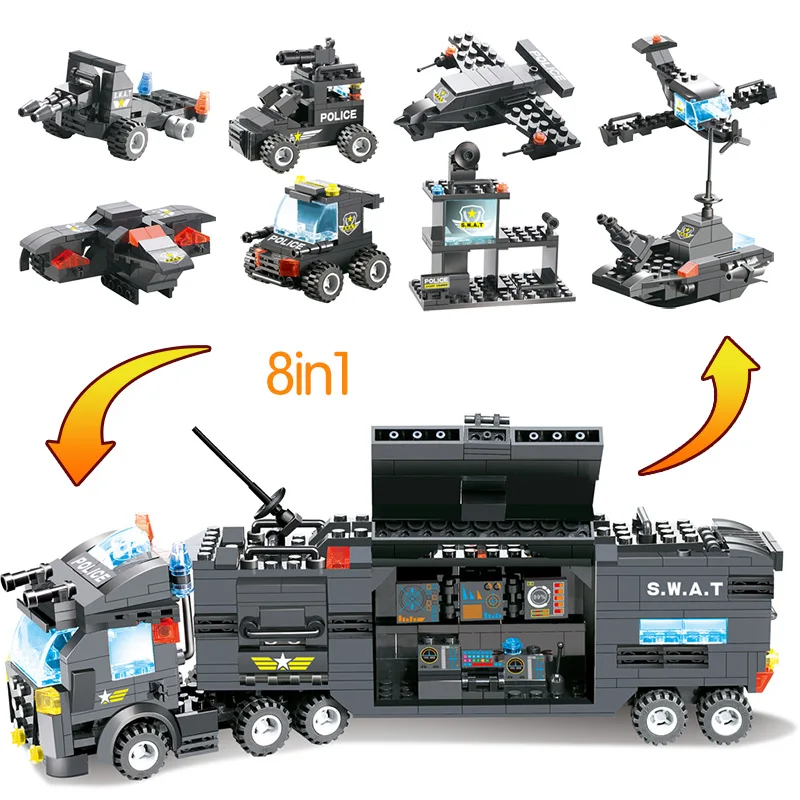 

647PCS 726PCS SWAT City Police Truck Station Blocks Compatible Module Compatible City Mobile Police Figures Bricks Toy For Kids
