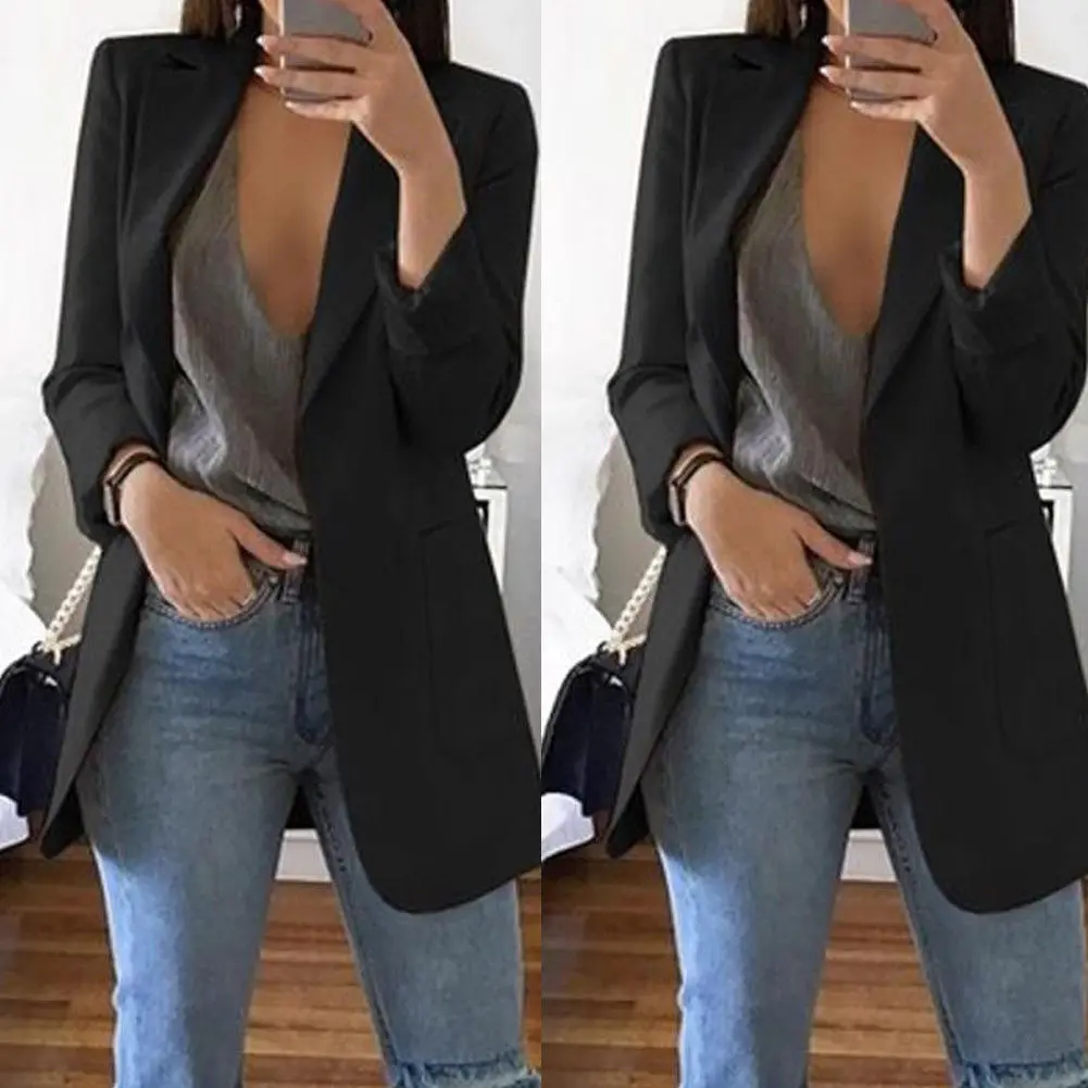 2019 Fashion Slim Blazers Women Autumn Suit Jacket Female Work Office Lady Black with Pockets Business Notched Blazer Coat | Женская