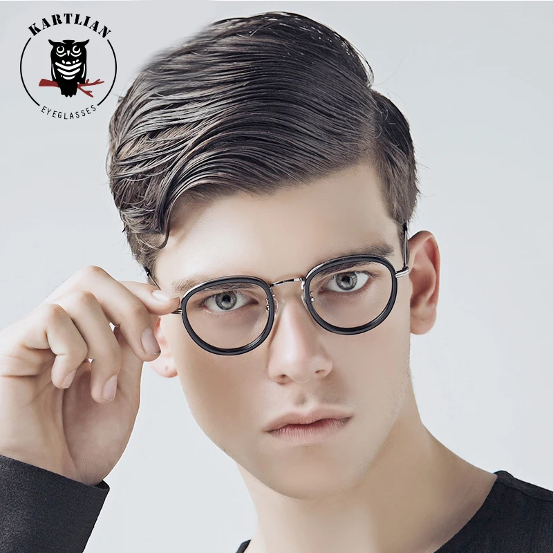 Kartlian оптический Рамки очки круглые Glasse объектив линзами сплава ацетат ретро