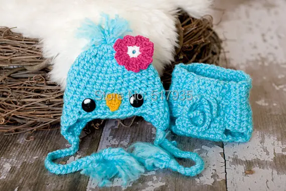 free shipping 100% handmade Crochet baby girl Blue bird hat and diaper cover set photo prop Size Newborn-6 months | Детская одежда и