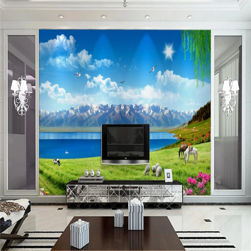 beibehang Custom photo background wallpaper Snow Mountain prairie blue sky and white clouds TV wall 3D large | Обустройство дома