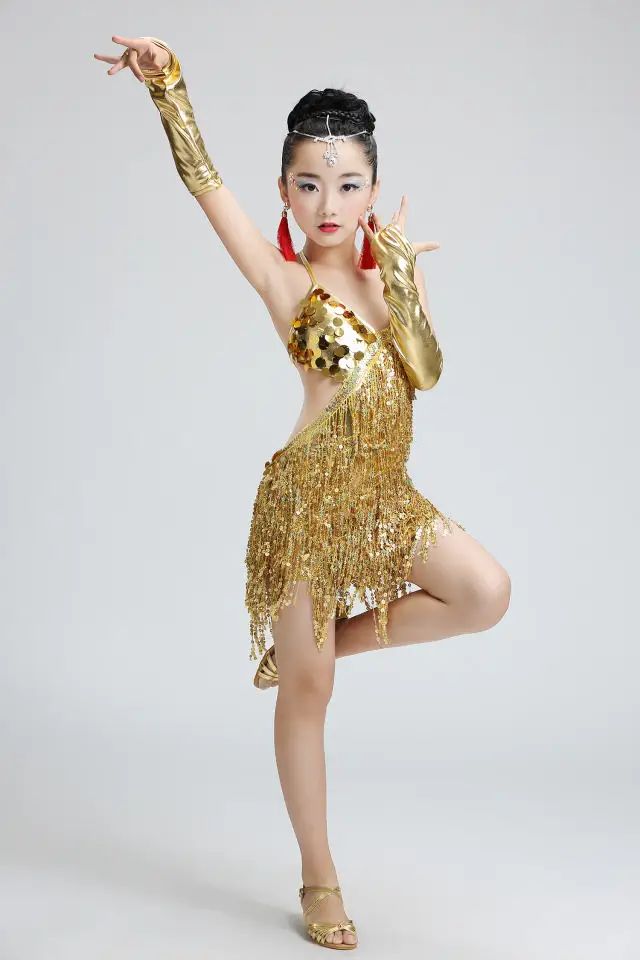 Платье для латинских танцев с блестками девочек Детский костюм современное