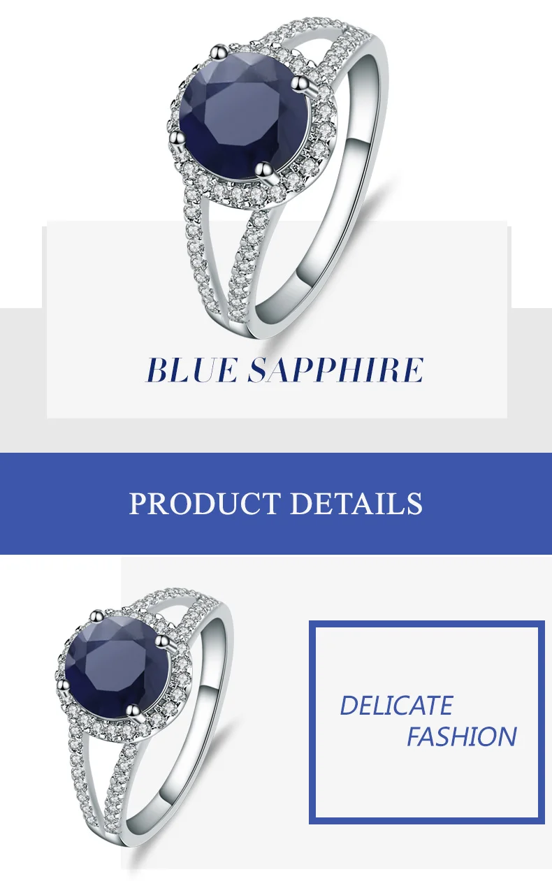 GEM'S балет 2.58Ct круглый натуральный синий сапфир драгоценный камень коктейльные кольца 925 пробы серебряные ювелирные украшения для женщин