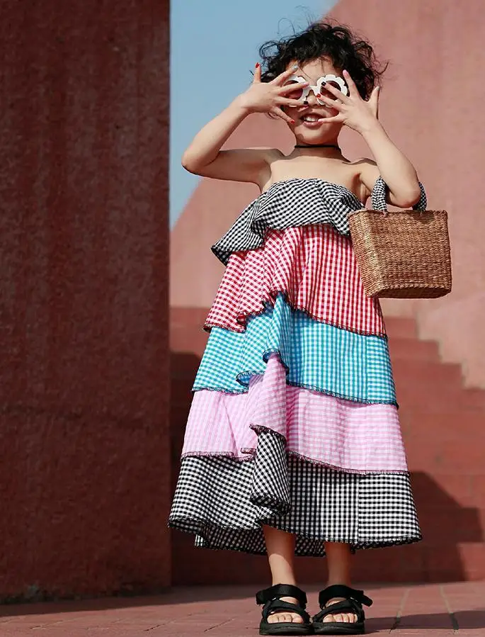 Brand Girls strapless dress plaid ruffles children off shulder sleeveless cake holiday beach summer ws534 | Детская одежда и обувь