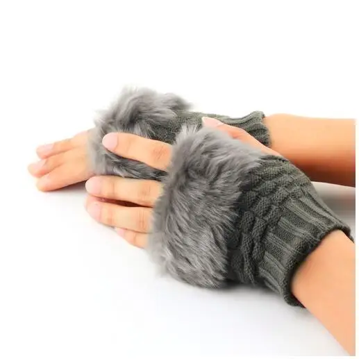 Women Fingerless Gloves Cute Faux Rabbit Fur Knitted Female Winter Knitting Warmer Wrist Hand Mitten 2017 Hot Sale | Аксессуары для